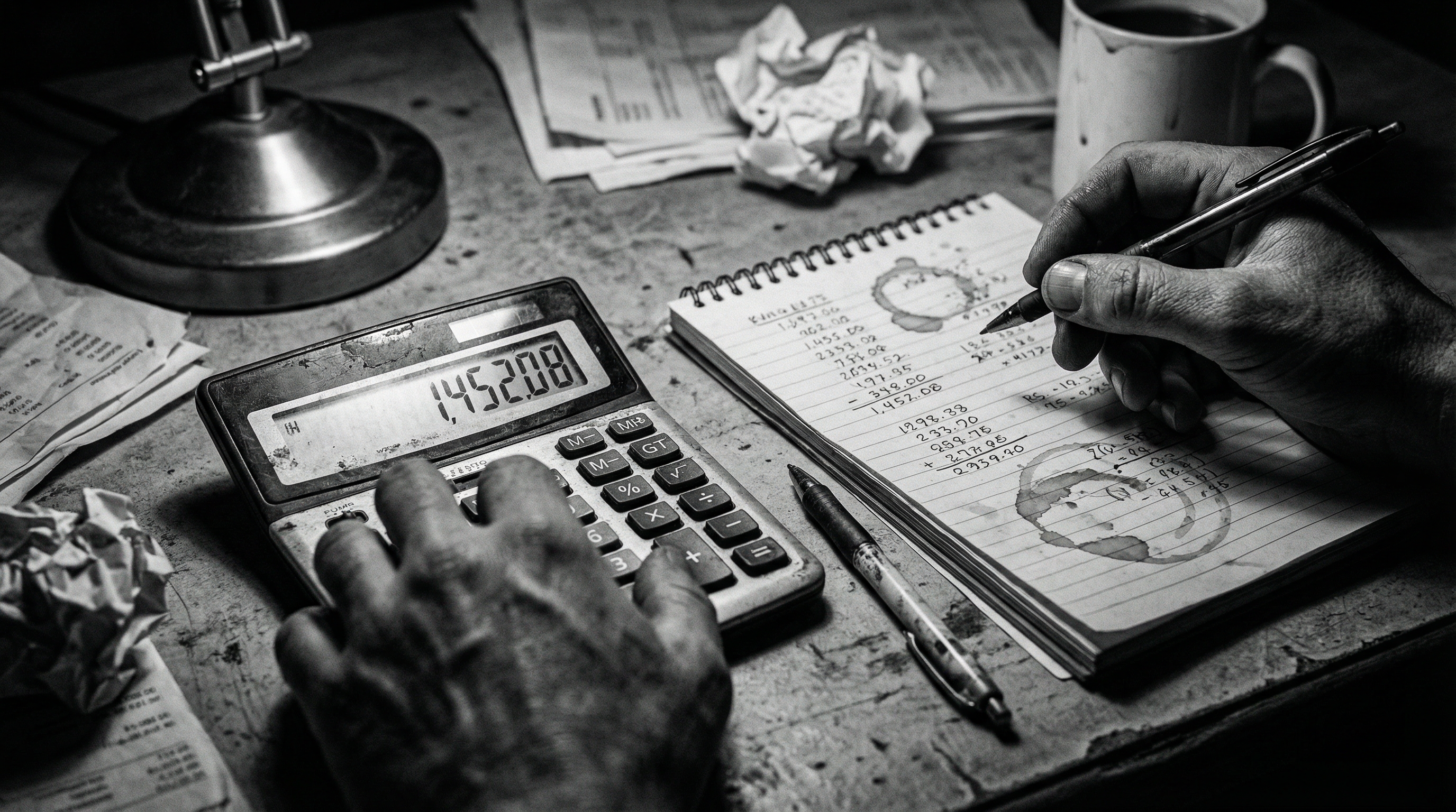 Calcolatrice e conti su scrivania